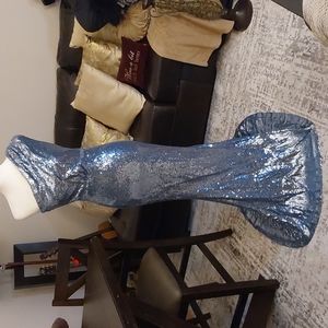 One shoulder blue sequin floor length gown